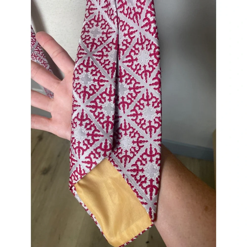 Vintage 60s Ferranti California Men Magenta Pink Silver Geometric Brocade Tie
